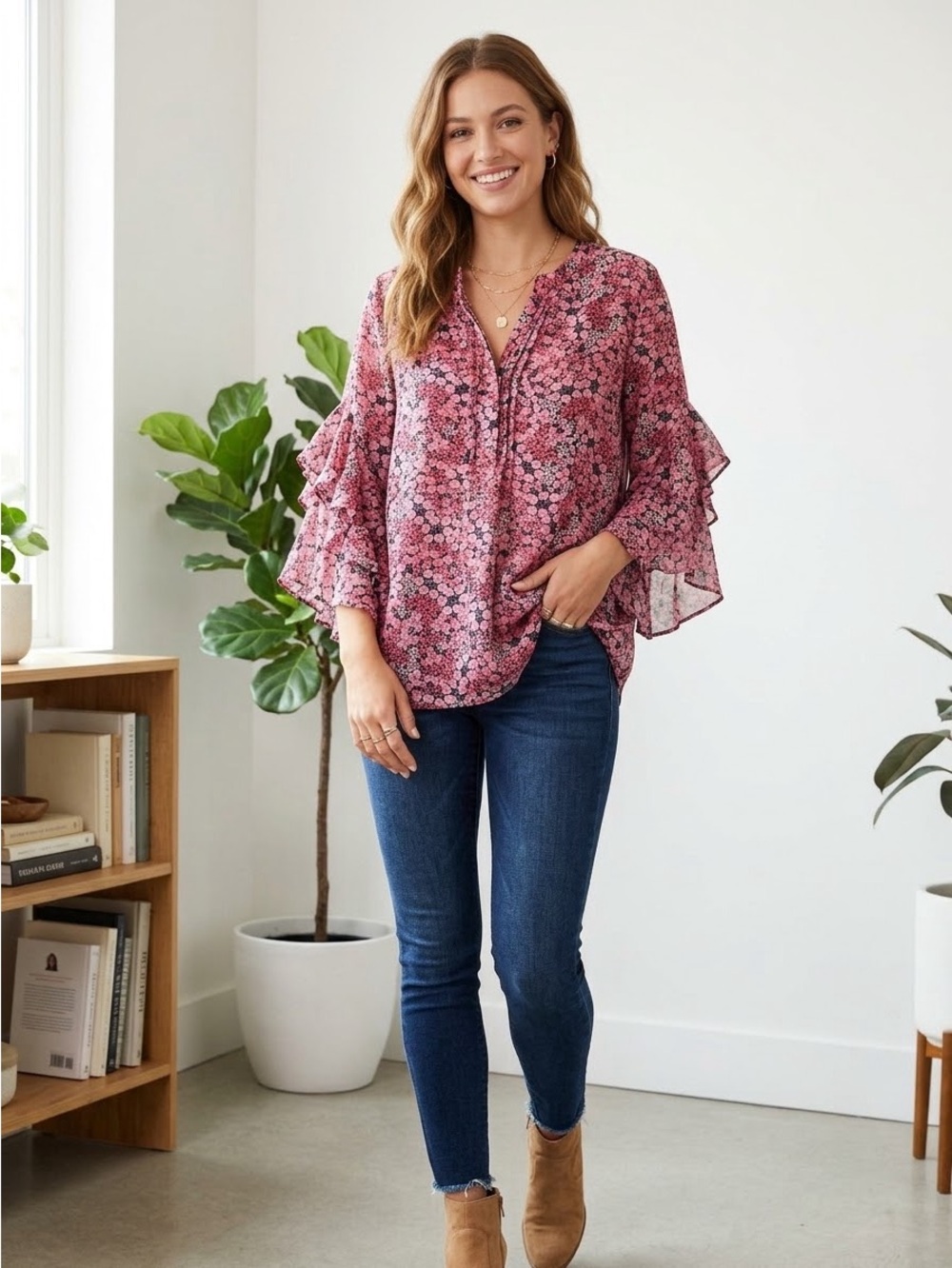 Vince Camuto Womens Floral Top Large Pink Ruffle Sleeve Blouse Boho Cottagecore